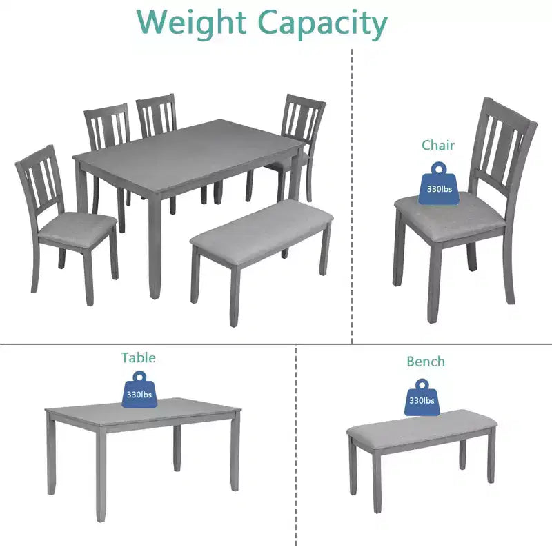 MAYEERTY Set da Pranzo 6 Pezzi per 6 Persone, Tavolo Rettangolare in Legno + 4 Sedie Imbottite e Panca, Grigio