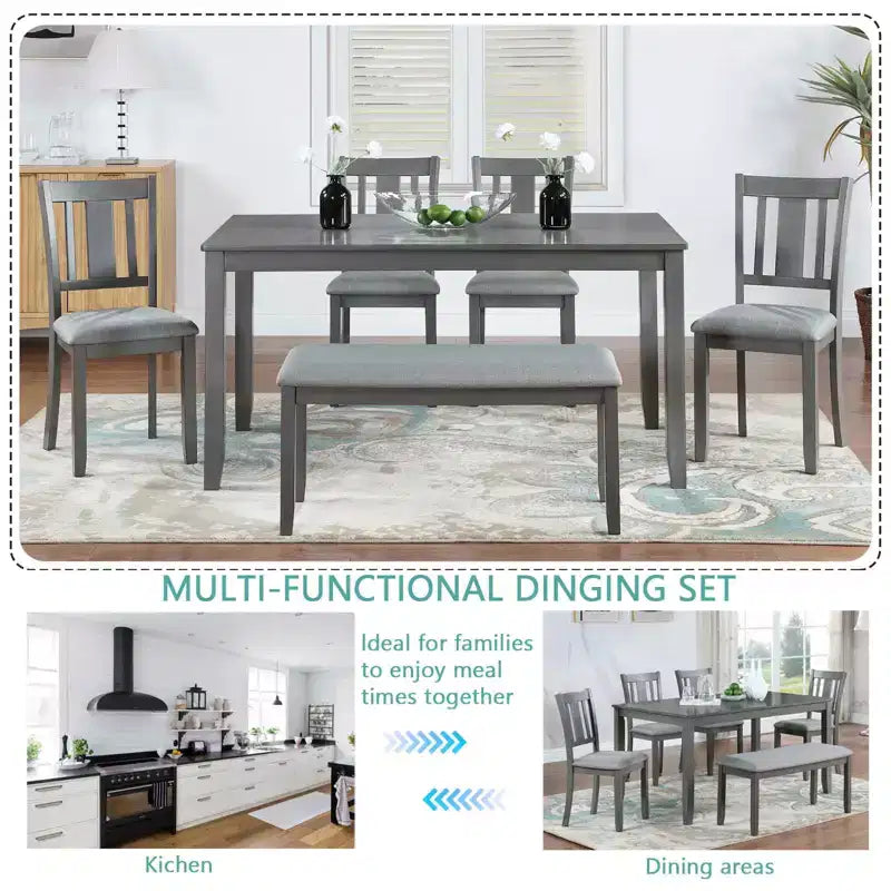 MAYEERTY Set da Pranzo 6 Pezzi per 6 Persone, Tavolo Rettangolare in Legno + 4 Sedie Imbottite e Panca, Grigio