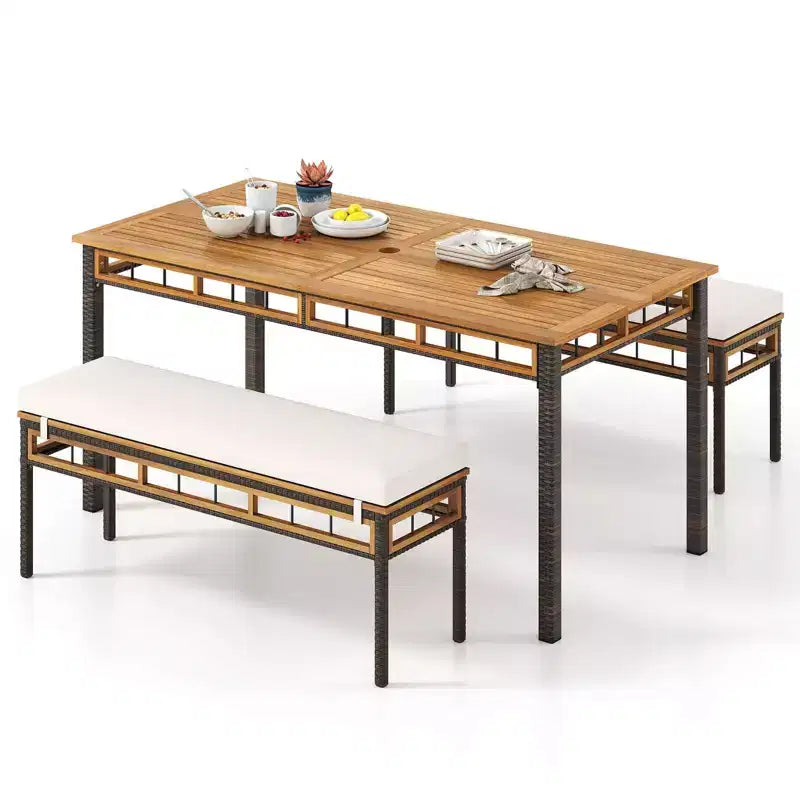 Costway Set da Pranzo per Esterni 3 Pezzi in Legno di Acacia con Foro per Ombrellone da 5 cm e Cuscini per Giardino Marrone Misto