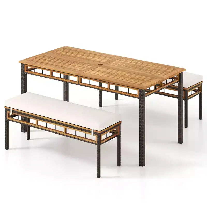 Costway Set da Pranzo per Esterni 3 Pezzi in Legno di Acacia con Foro per Ombrellone da 5 cm e Cuscini per Giardino Marrone Misto
