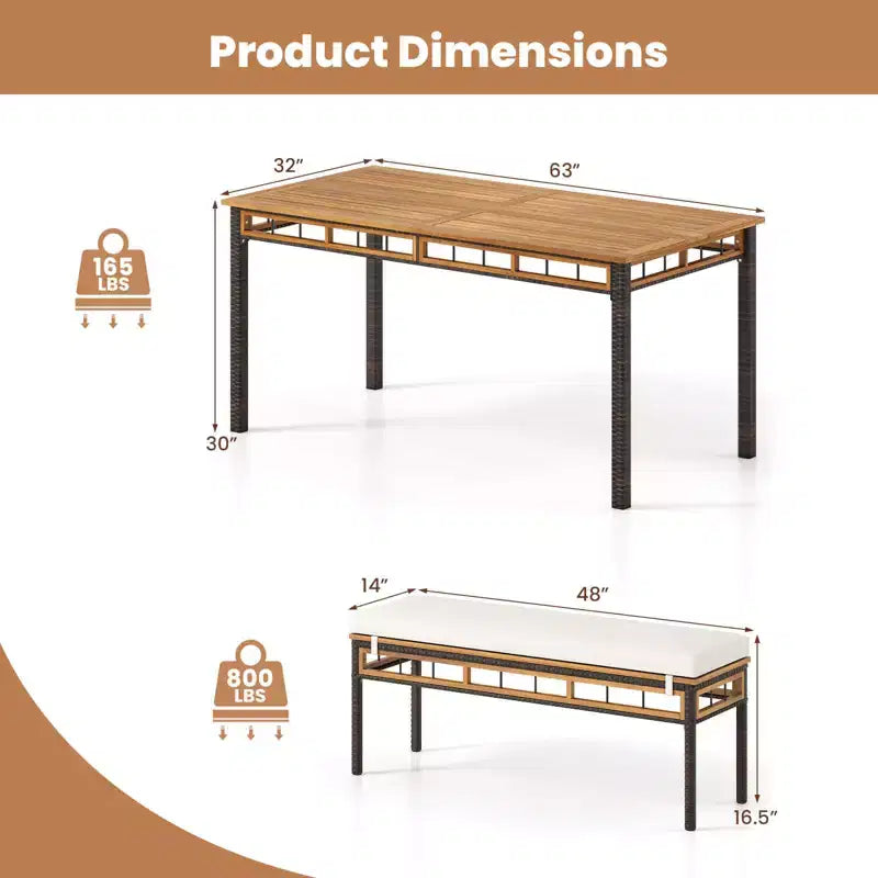 Costway Set da Pranzo per Esterni 3 Pezzi in Legno di Acacia con Foro per Ombrellone da 5 cm e Cuscini per Giardino Marrone Misto