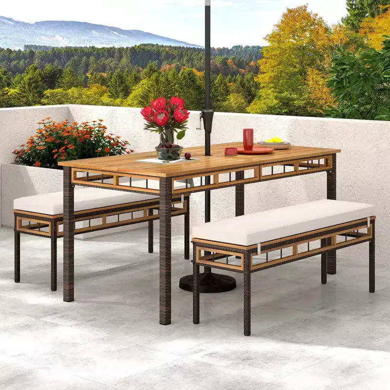 Costway Set da Pranzo per Esterni 3 Pezzi in Legno di Acacia con Foro per Ombrellone da 5 cm e Cuscini per Giardino Marrone Misto