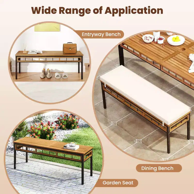 Costway Set da Pranzo per Esterni 3 Pezzi in Legno di Acacia con Foro per Ombrellone da 5 cm e Cuscini per Giardino Marrone Misto