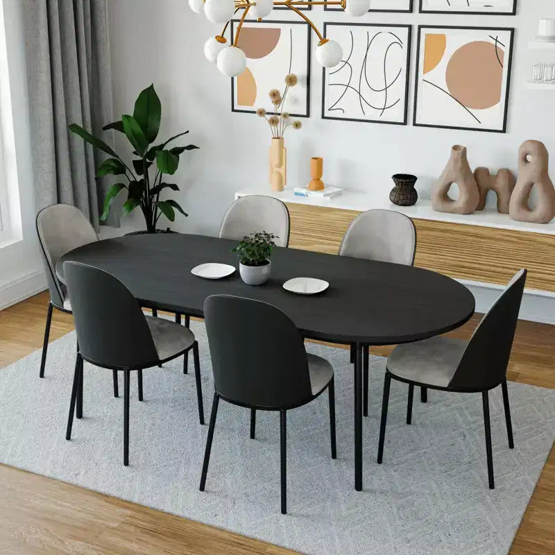 LeisureMod Tule 7-Piece Dining Set in Steel Frame with 6 Upholstered Seat Dining Chairs and 71 Oval Dining Table with Wood Tabletop