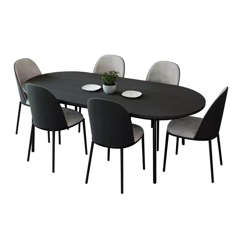 LeisureMod Tule Set da pranzo 7 pezzi con telaio in acciaio, 6 sedie da pranzo imbottite e tavolo da pranzo ovale da 71 pollici con piano in legno