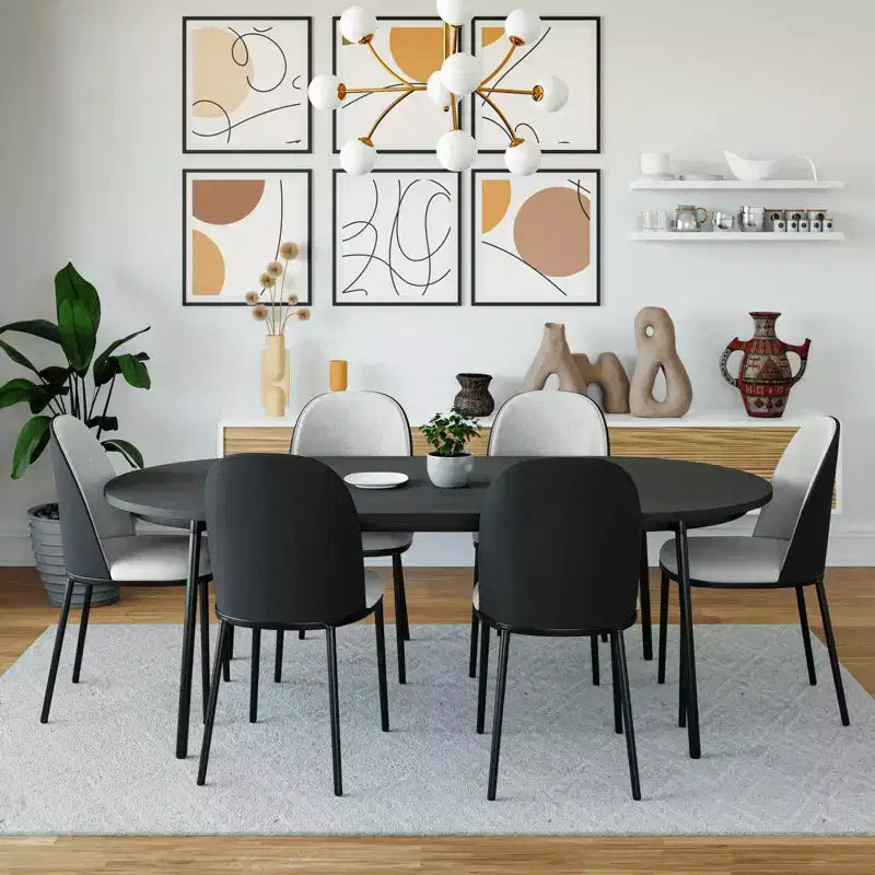 LeisureMod Tule Set da pranzo 7 pezzi con telaio in acciaio, 6 sedie da pranzo imbottite e tavolo da pranzo ovale da 71 pollici con piano in legno
