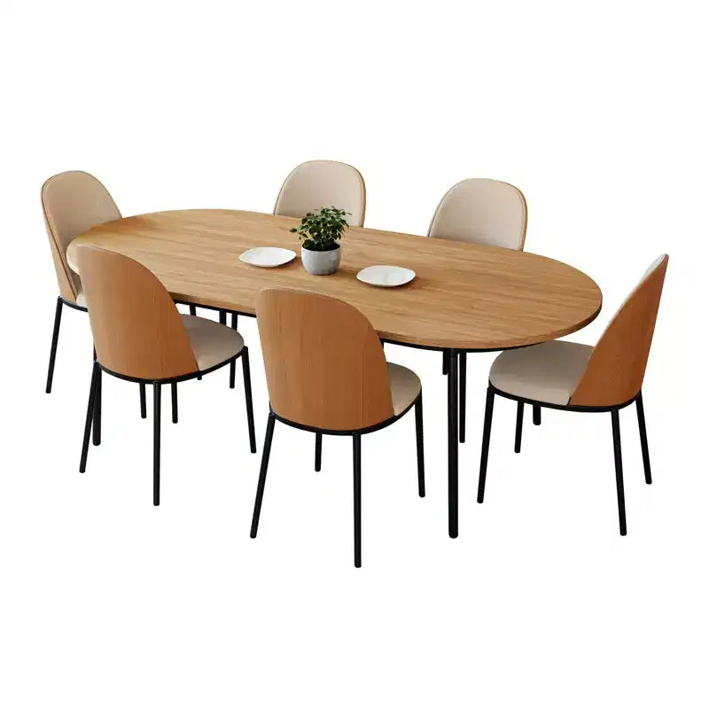 LeisureMod Tule Set da pranzo 7 pezzi con telaio in acciaio, 6 sedie da pranzo imbottite e tavolo da pranzo ovale da 71 pollici con piano in legno