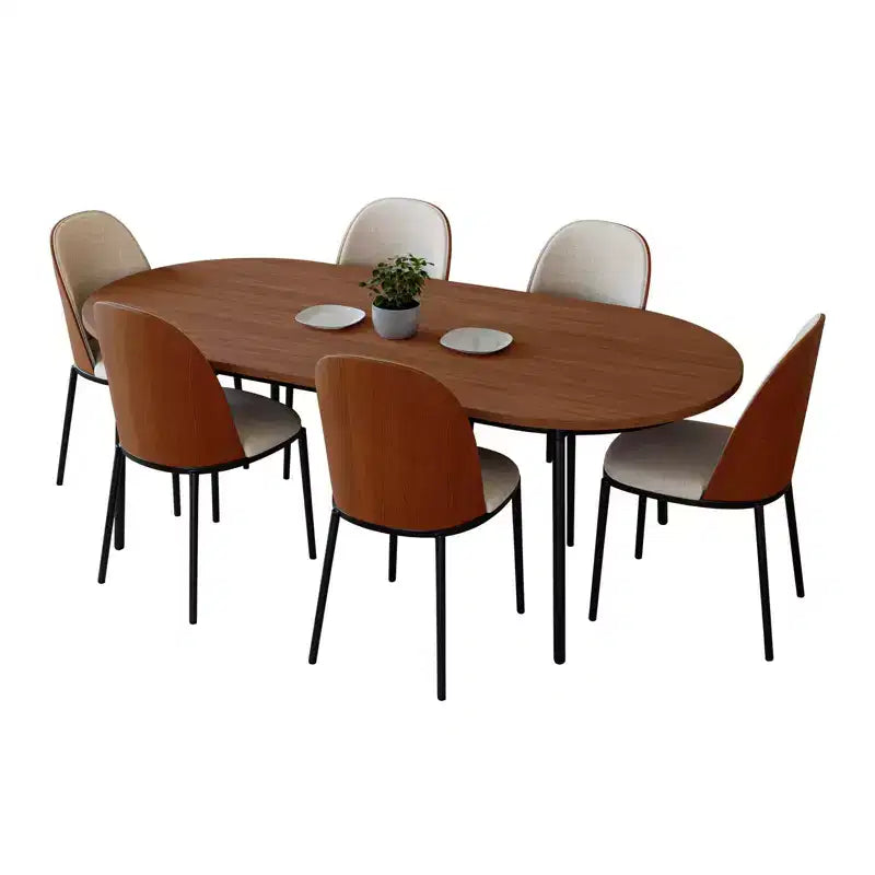 LeisureMod Tule Set da pranzo 7 pezzi con telaio in acciaio, 6 sedie da pranzo imbottite e tavolo da pranzo ovale da 71 pollici con piano in legno
