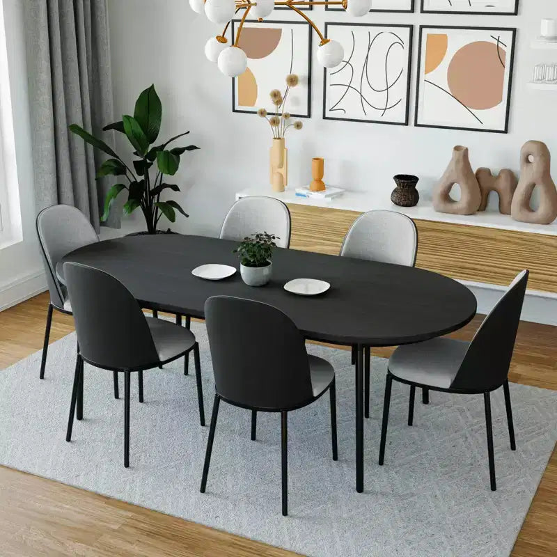 LeisureMod Tule Set da pranzo 7 pezzi con telaio in acciaio, 6 sedie da pranzo imbottite e tavolo da pranzo ovale da 71 pollici con piano in legno