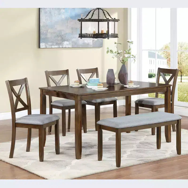 sumyeg 6 Piece Wooden Dining Table Set with Table, 4 Upholstered Chairs and Bench