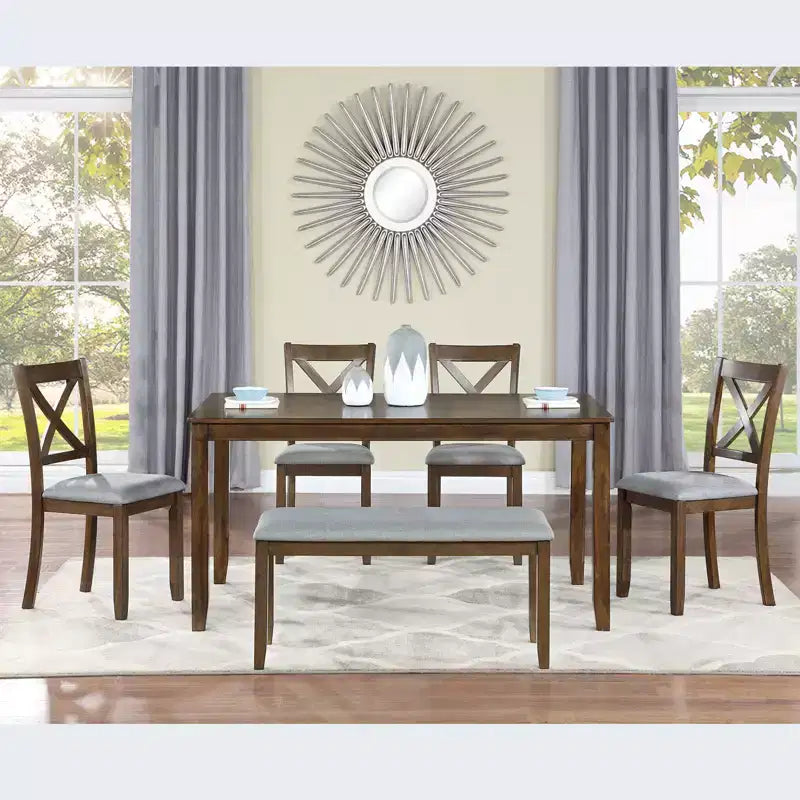 sumyeg Set da 6 Pezzi da Pranzo in Legno con Tavolo, 4 Sedie Imbottite e Panchina