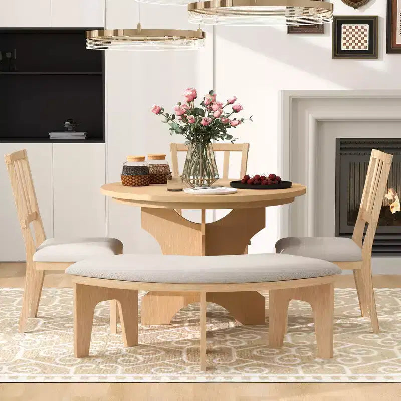 GDFStudio Agnes Set da Pranzo Rustico Rotondo da 5 Pezzi con Sedie Imbottite e Panca Curva