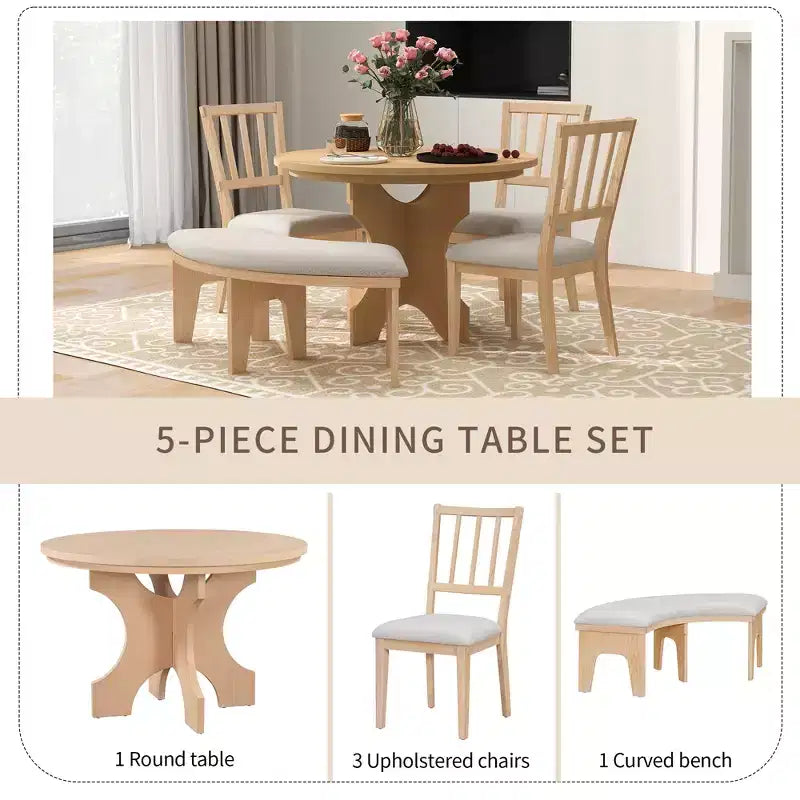GDFStudio Agnes Set da Pranzo Rustico Rotondo da 5 Pezzi con Sedie Imbottite e Panca Curva