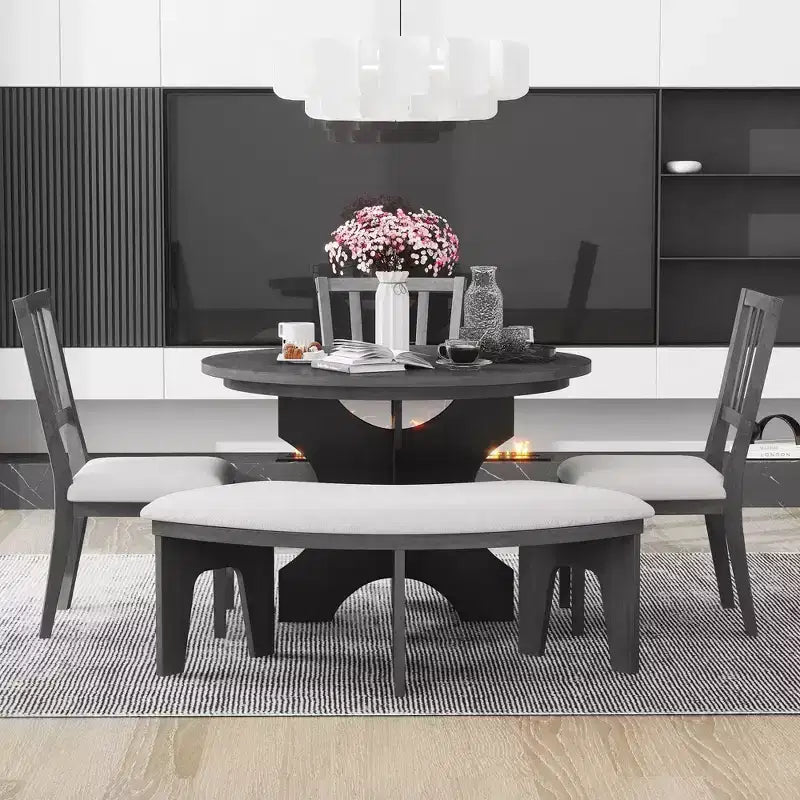 GDFStudio Agnes Set da Pranzo Rustico Rotondo da 5 Pezzi con Sedie Imbottite e Panca Curva