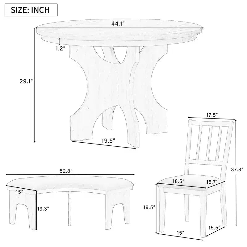 GDFStudio Agnes Set da Pranzo Rustico Rotondo da 5 Pezzi con Sedie Imbottite e Panca Curva