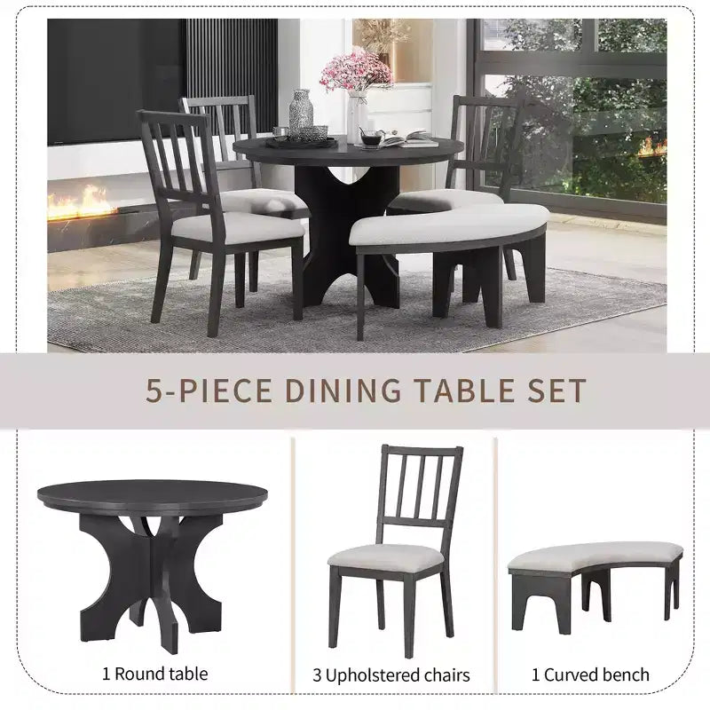 GDFStudio Agnes Set da Pranzo Rustico Rotondo da 5 Pezzi con Sedie Imbottite e Panca Curva