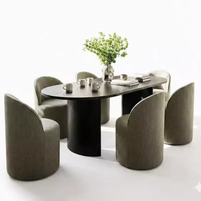 Set da pranzo per 6, tavolo ovale da 79 pollici e sedie a barilotto rivestite in tessuto di lino con ruote, per la sala da pranzo-Panipeachy