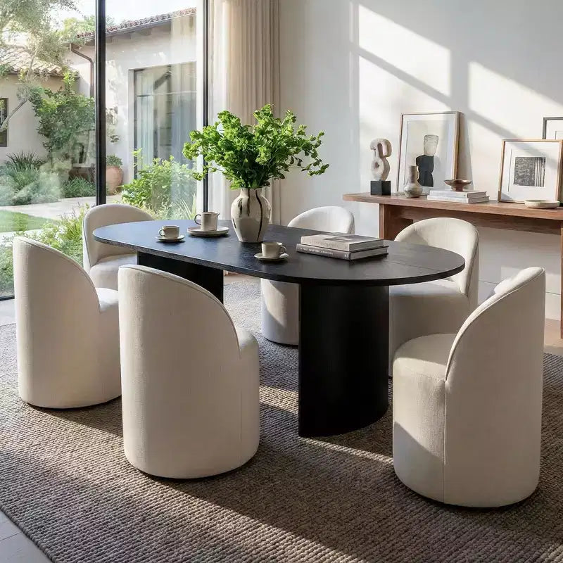 Dining Table Set for 6, Oval 79 Table and Linen Fabric Upholstered Barrel Chairs with Casters, for the Dining Room-Panipeachy