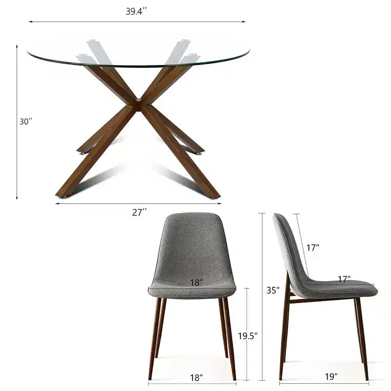 Olive+Oslo Set da pranzo 5 pezzi per 4 persone, Tavolo da pranzo rotondo in vetro con 4 sedie da pranzo imbottite Gambe color noce-Panipeachy