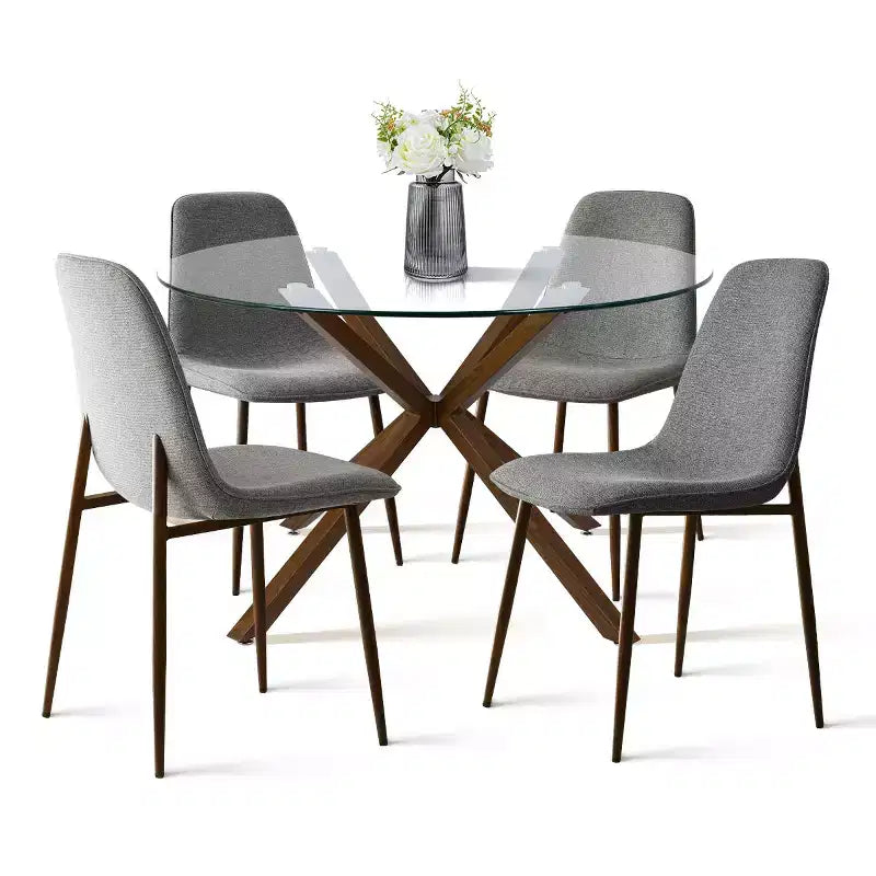 Olive+Oslo Set da pranzo 5 pezzi per 4 persone, Tavolo da pranzo rotondo in vetro con 4 sedie da pranzo imbottite Gambe color noce-Panipeachy