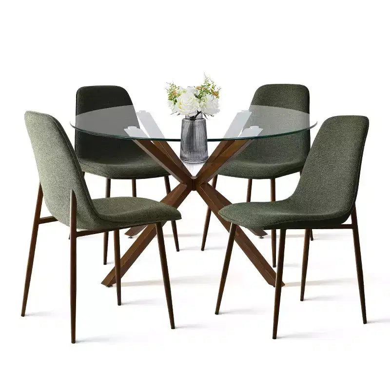 Olive+Oslo Set da pranzo 5 pezzi per 4 persone, Tavolo da pranzo rotondo in vetro con 4 sedie da pranzo imbottite Gambe color noce-Panipeachy