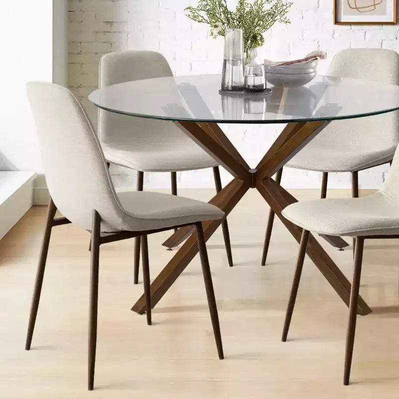 Olive+Oslo Set da pranzo 5 pezzi per 4 persone, Tavolo da pranzo rotondo in vetro con 4 sedie da pranzo imbottite Gambe color noce-Panipeachy