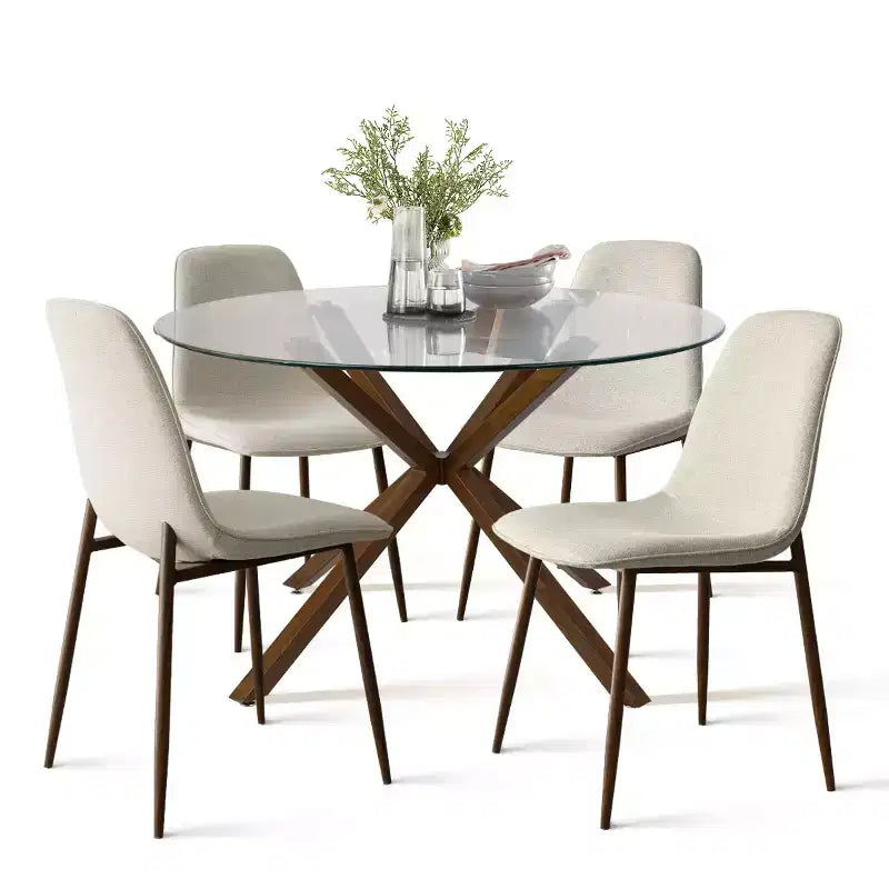 Olive+Oslo Set da pranzo 5 pezzi per 4 persone, Tavolo da pranzo rotondo in vetro con 4 sedie da pranzo imbottite Gambe color noce-Panipeachy