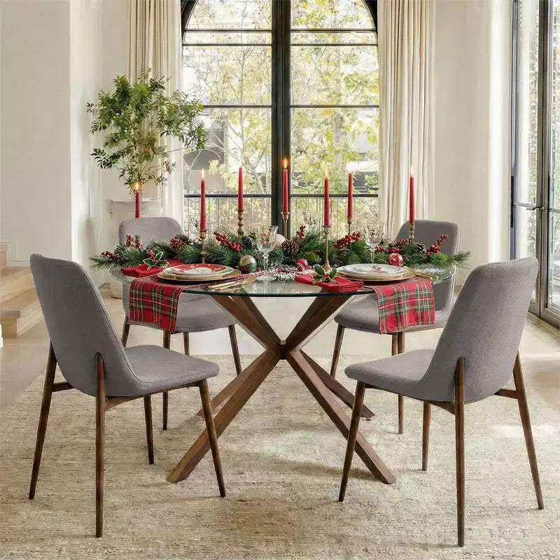 Olive+Oslo Set da pranzo 5 pezzi per 4 persone, Tavolo da pranzo rotondo in vetro con 4 sedie da pranzo imbottite Gambe color noce-Panipeachy