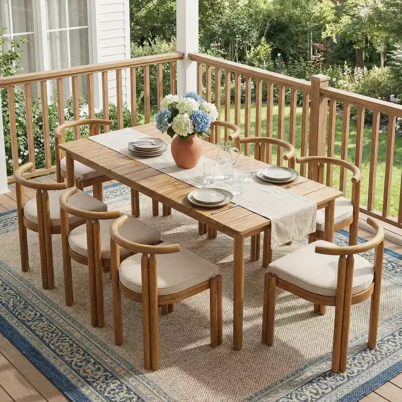 Christopher Knight Home Eleni Set da Pranzo Rustico da Esterno 9 Pezzi in Legno di Acacia con Tavolo a Doghe e Cuscini