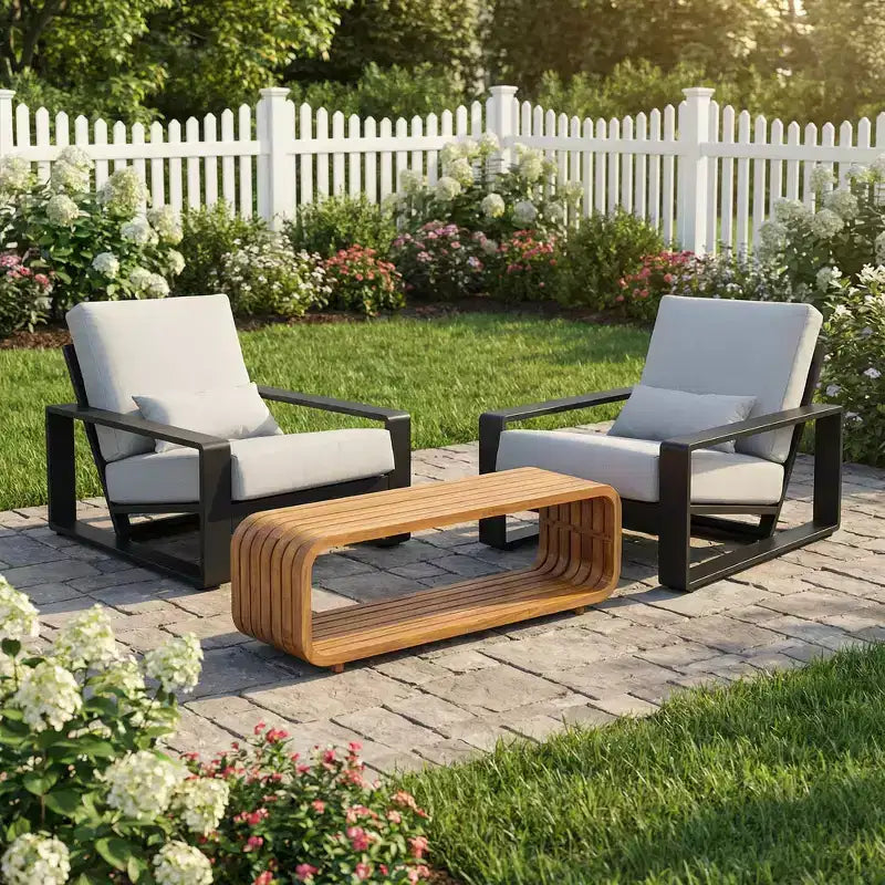 Christopher Knight Home Jisung Modern 3 Piece Patio Dining Set with Acacia Wood Coffee Table and 2 Aluminum Lounge Chairs