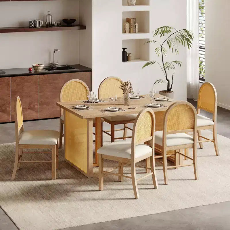 Set Tavolo da Pranzo 7 Pezzi in Stile Rustico per 6 Persone - Tavolo Rettangolare da 59.8" con Finitura Invecchiata e 6 Sedie in Rattan, Mobili da Cucina Rustici
