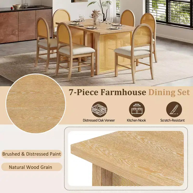 Set Tavolo da Pranzo 7 Pezzi in Stile Rustico per 6 Persone - Tavolo Rettangolare da 59.8" con Finitura Invecchiata e 6 Sedie in Rattan, Mobili da Cucina Rustici