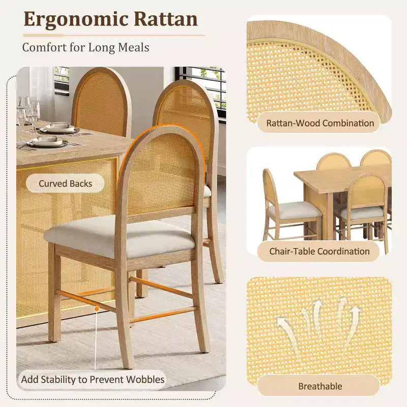 Set Tavolo da Pranzo 7 Pezzi in Stile Rustico per 6 Persone - Tavolo Rettangolare da 59.8" con Finitura Invecchiata e 6 Sedie in Rattan, Mobili da Cucina Rustici