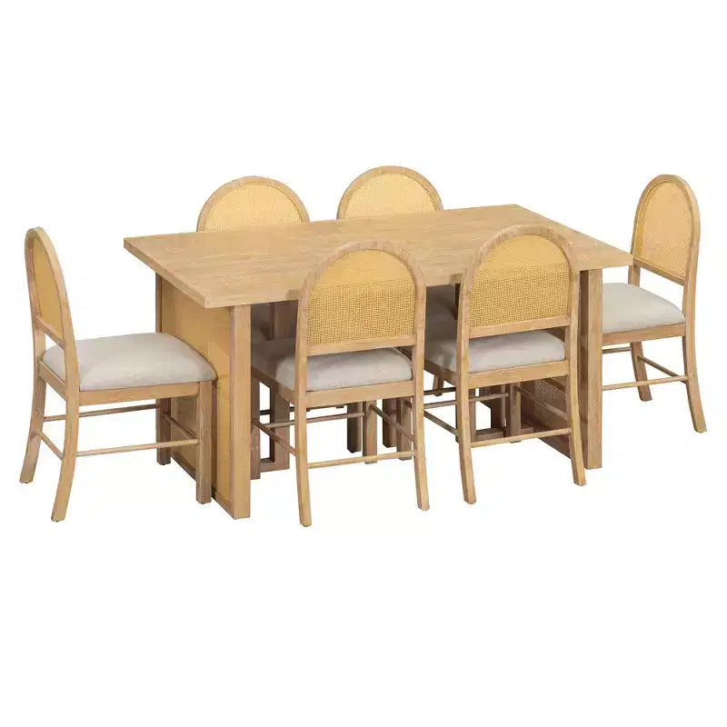 Set Tavolo da Pranzo 7 Pezzi in Stile Rustico per 6 Persone - Tavolo Rettangolare da 59.8" con Finitura Invecchiata e 6 Sedie in Rattan, Mobili da Cucina Rustici