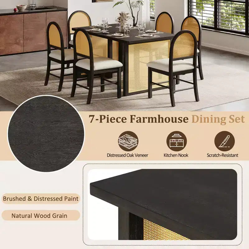 Set Tavolo da Pranzo 7 Pezzi in Stile Rustico per 6 Persone - Tavolo Rettangolare da 59.8" con Finitura Invecchiata e 6 Sedie in Rattan, Mobili da Cucina Rustici