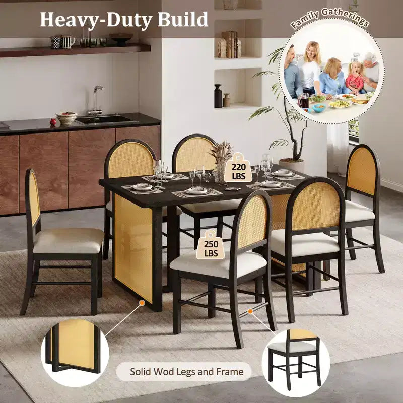 Set Tavolo da Pranzo 7 Pezzi in Stile Rustico per 6 Persone - Tavolo Rettangolare da 59.8" con Finitura Invecchiata e 6 Sedie in Rattan, Mobili da Cucina Rustici