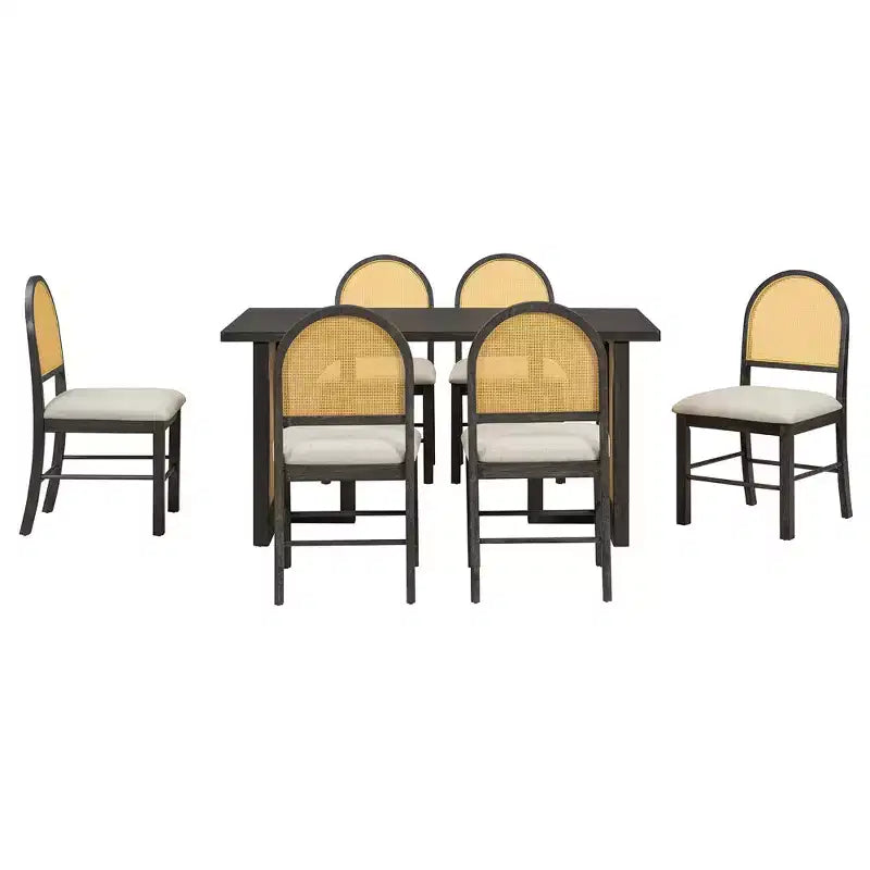 Set Tavolo da Pranzo 7 Pezzi in Stile Rustico per 6 Persone - Tavolo Rettangolare da 59.8" con Finitura Invecchiata e 6 Sedie in Rattan, Mobili da Cucina Rustici
