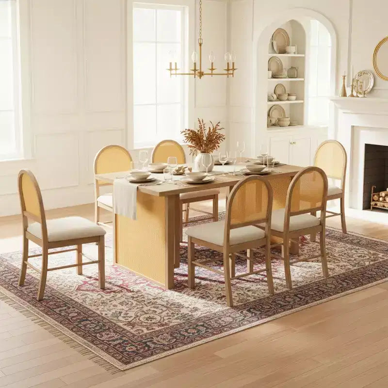 Set Tavolo da Pranzo 7 Pezzi in Stile Rustico per 6 Persone - Tavolo Rettangolare da 59.8" con Finitura Invecchiata e 6 Sedie in Rattan, Mobili da Cucina Rustici