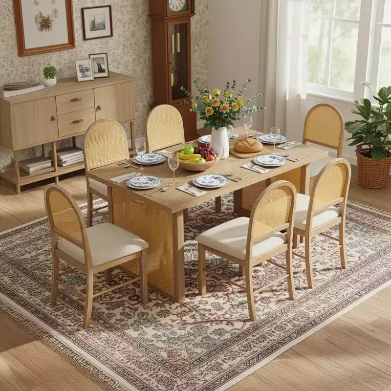7-teiliges Landhaus-Esszimmerset für 6 Personen - 59.8 rechteckiger Esstisch mit Used-Look und 6 Rattanstühlen, rustikale Küchenmöbel