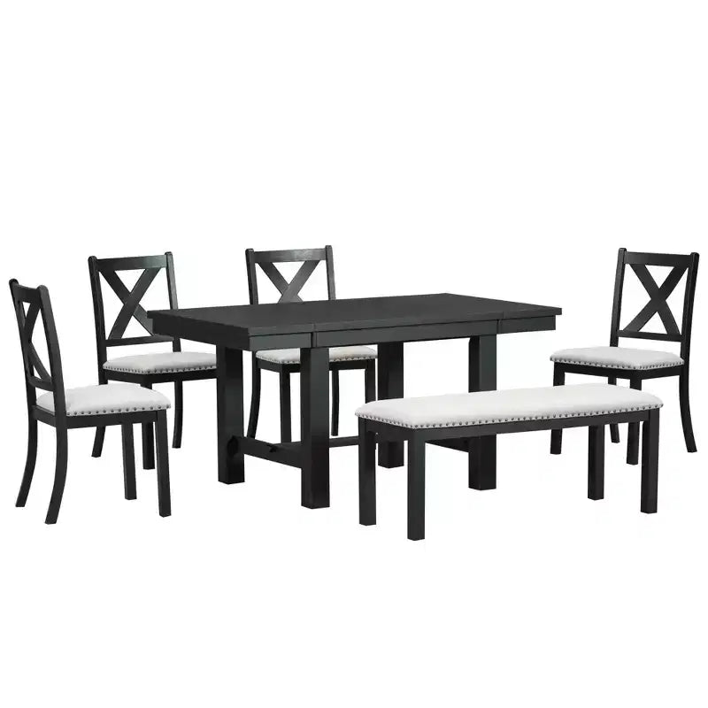 Set da pranzo allungabile in stile rustico per 6 persone, tavolo rettangolare in legno massello con prolunga rimovibile, 4 sedie imbottite e panca