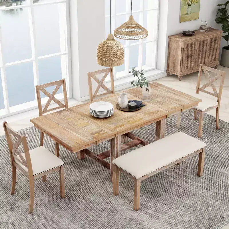 Set da pranzo allungabile in stile rustico per 6 persone, tavolo rettangolare in legno massello con prolunga rimovibile, 4 sedie imbottite e panca