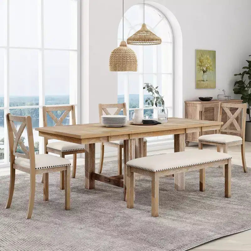 Set da pranzo allungabile in stile rustico per 6 persone, tavolo rettangolare in legno massello con prolunga rimovibile, 4 sedie imbottite e panca