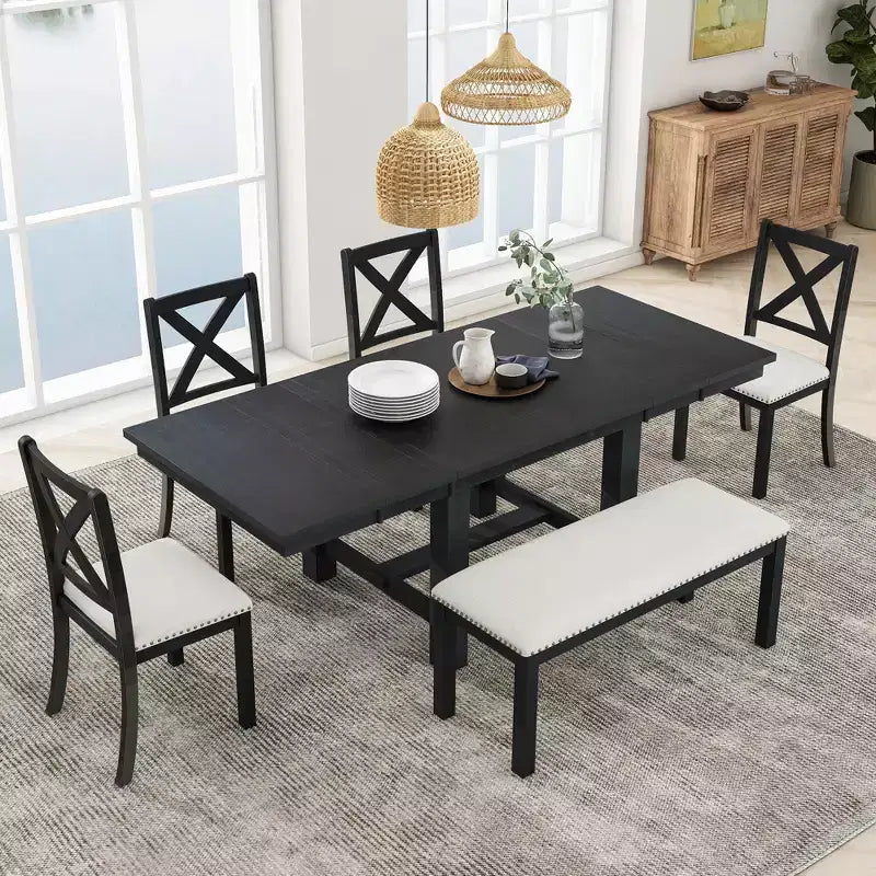 Set da pranzo allungabile in stile rustico per 6 persone, tavolo rettangolare in legno massello con prolunga rimovibile, 4 sedie imbottite e panca