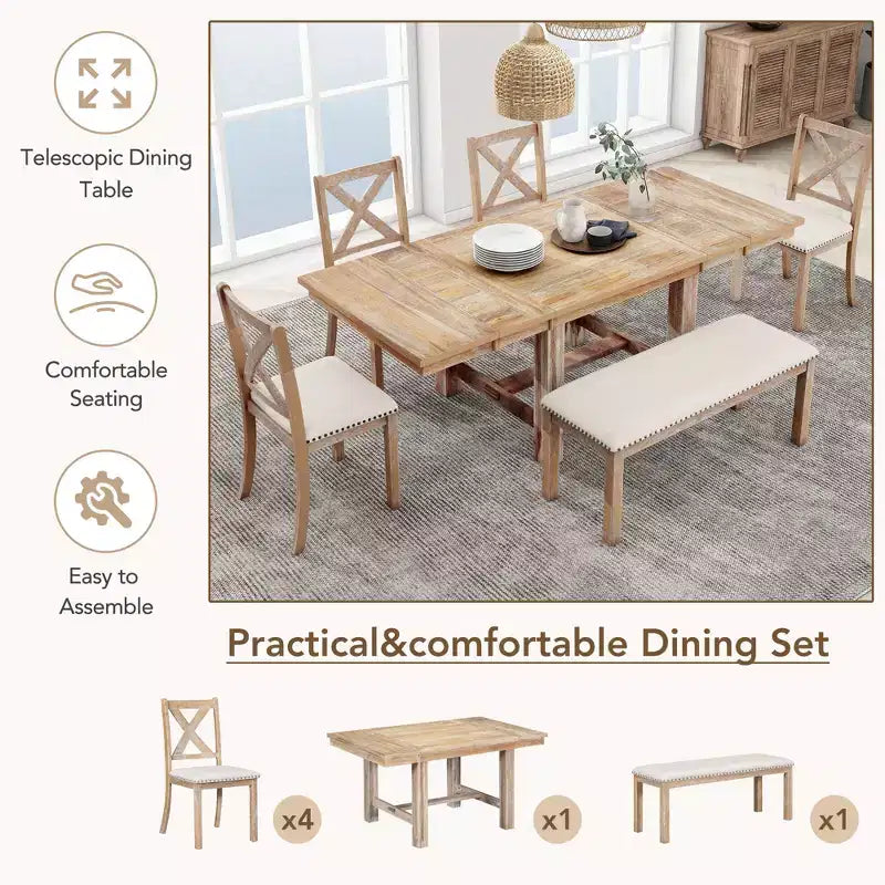 Set da pranzo allungabile in stile rustico per 6 persone, tavolo rettangolare in legno massello con prolunga rimovibile, 4 sedie imbottite e panca