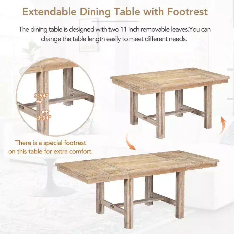 Set da pranzo allungabile in stile rustico per 6 persone, tavolo rettangolare in legno massello con prolunga rimovibile, 4 sedie imbottite e panca