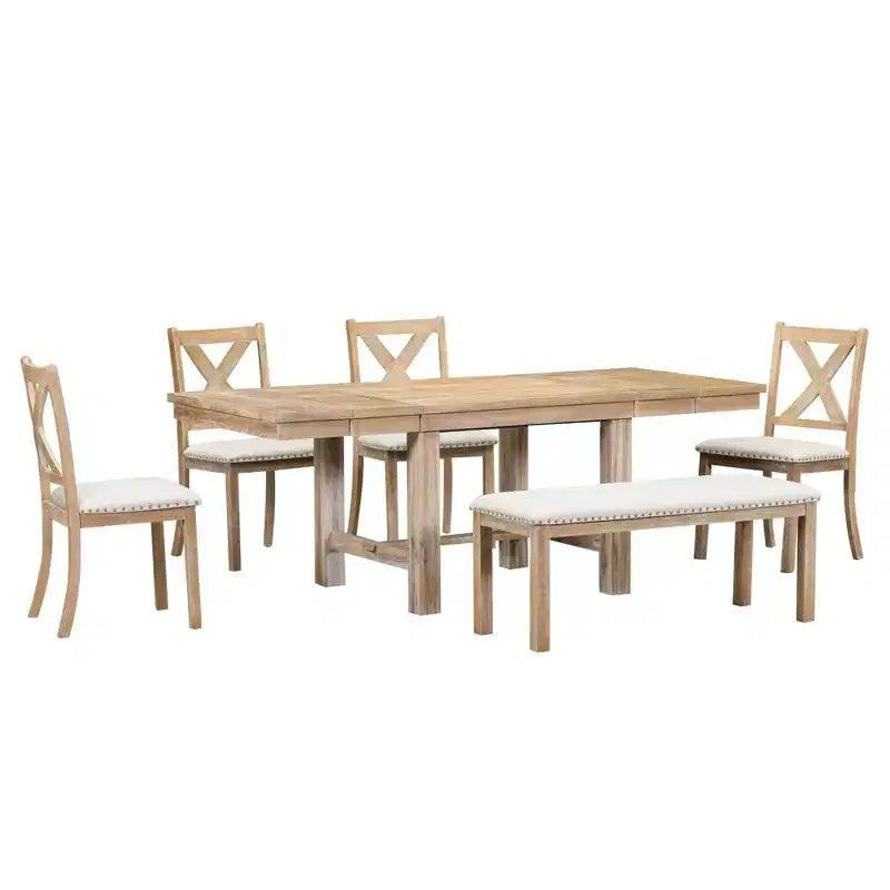 Set da pranzo allungabile in stile rustico per 6 persone, tavolo rettangolare in legno massello con prolunga rimovibile, 4 sedie imbottite e panca