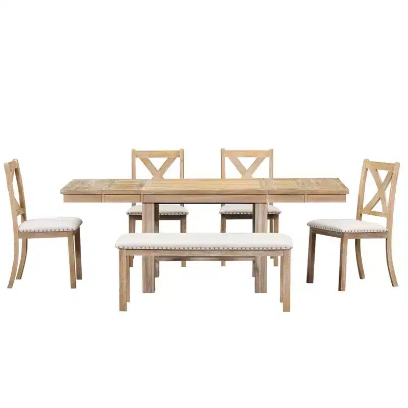 Set da pranzo allungabile in stile rustico per 6 persone, tavolo rettangolare in legno massello con prolunga rimovibile, 4 sedie imbottite e panca