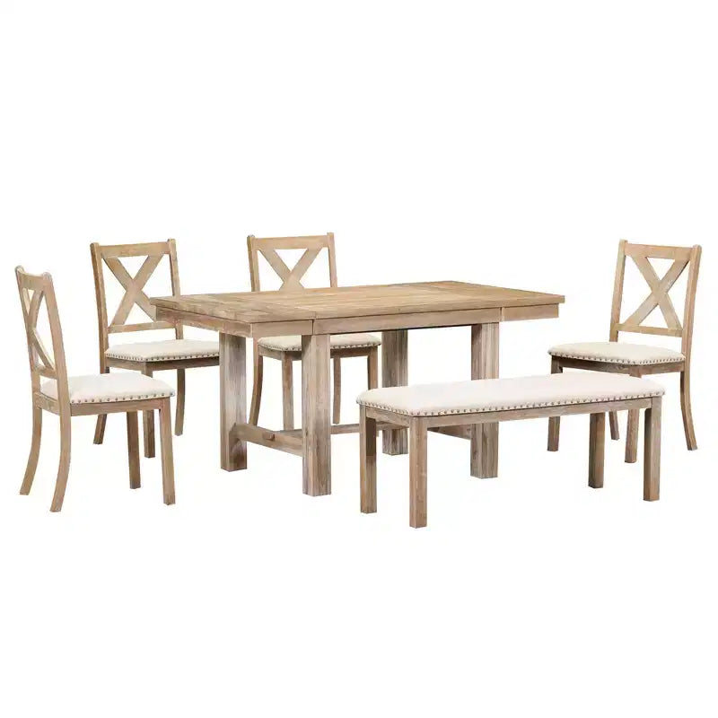 Set da pranzo allungabile in stile rustico per 6 persone, tavolo rettangolare in legno massello con prolunga rimovibile, 4 sedie imbottite e panca