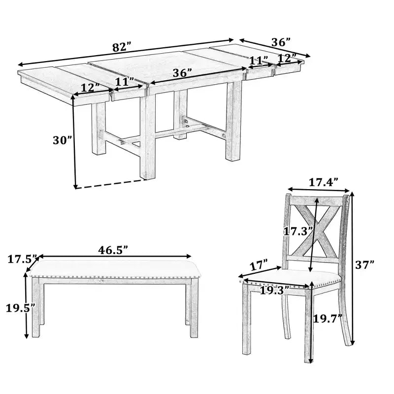 Set da pranzo allungabile in stile rustico per 6 persone, tavolo rettangolare in legno massello con prolunga rimovibile, 4 sedie imbottite e panca