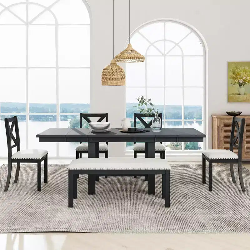 Set da pranzo allungabile in stile rustico per 6 persone, tavolo rettangolare in legno massello con prolunga rimovibile, 4 sedie imbottite e panca